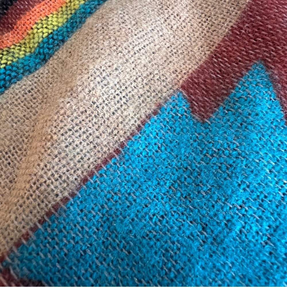Southwestern Print Soft Poncho Fringe Teal Yellow Festival Unisex One Size - Picture 10 of 10